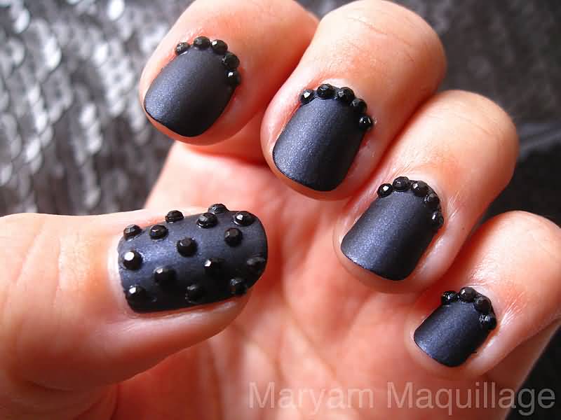 Matte Black Nail Art With Caviar Beads Design