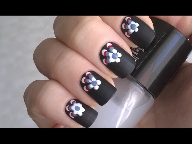 Matte Black Nails With Flowers Design Nail Art