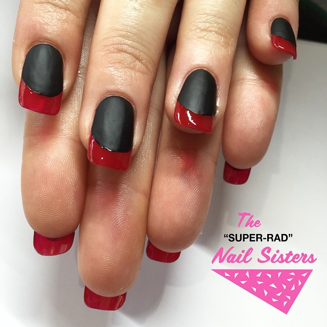 Matte Black Nails With Red French Tip Design