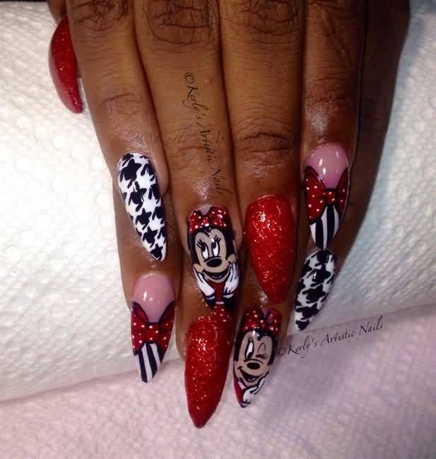 Minny Mouse And Houndstooth Nail Art Design