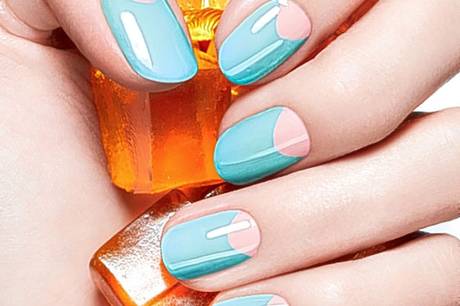 Mint And Peach Half Moon Reverse French Tip Nail Art