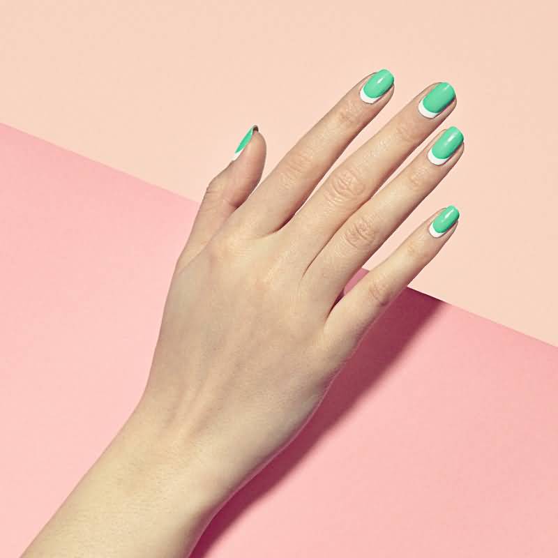 Mint Green Nails With White Reverse French Tip Nail Art