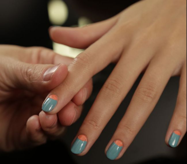 Mint Nails With Orange Half Moon Reverse French Tip Nail Art