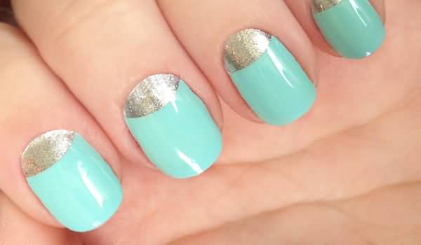 Mint Nails With Silver Reverse French Tip Nail Design Ideas