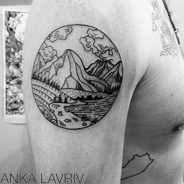 Mountain Scene In Geometric Mountains Tattoo On Right Shoulder