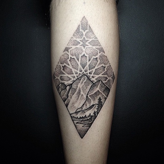 Mountain Scenery In Diamond Dotwork Tattoo