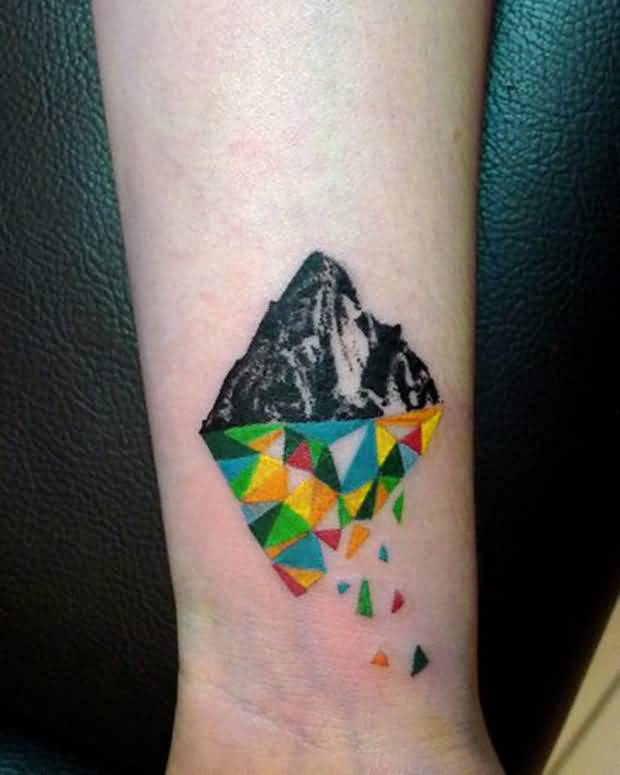 Mountain With Colorful Geometric Reflection Tattoo On Wrist