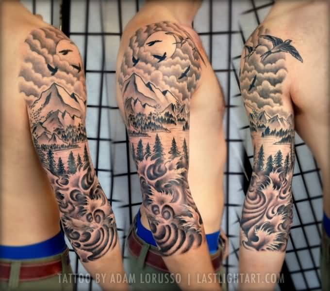 Mountains And Birds With Trees Tattoo On Right Sleeve