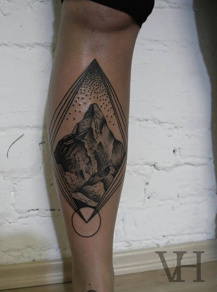 Mountains And Dots Tattoo On Leg By Valentin Hirsch