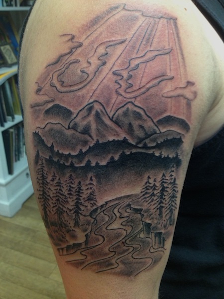 Mountains And Scenery Tattoo On Right Shoulder