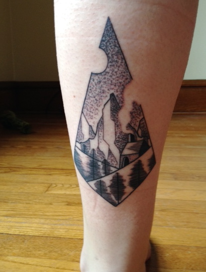 Mountains And Trees Dotwork Tattoo On Leg