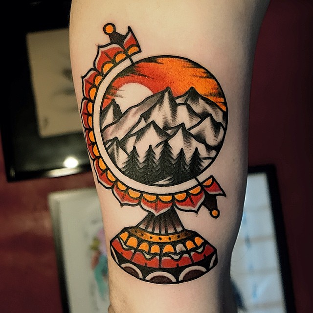 Mountains And Trees In Globe Traditional Tattoo On Arm Sleeve