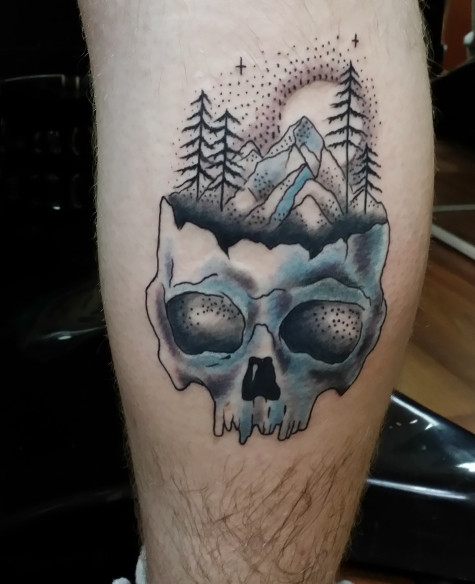 Mountains And Trees On Skull Dotwork Tattoo
