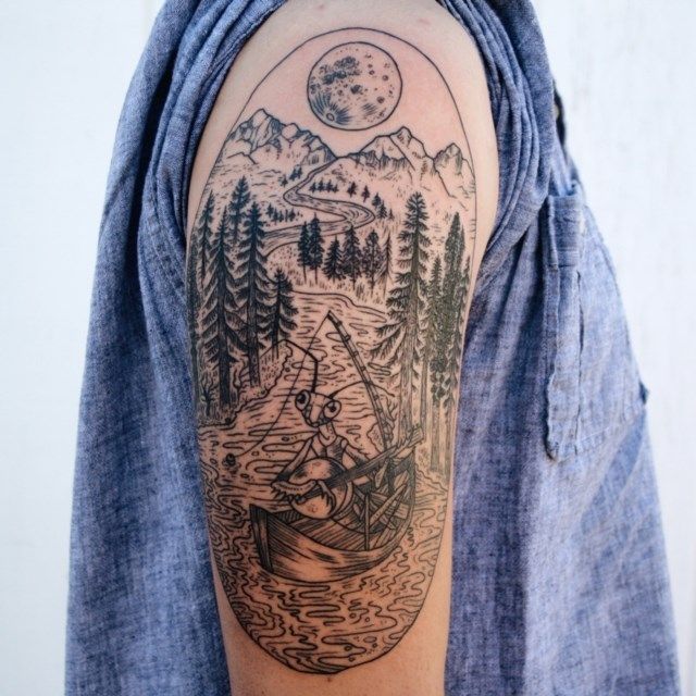 Mountains And Trees With Sun Tattoo On Right Shoulder
