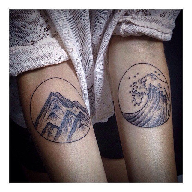 Mountains And Water Wave In Circle Tattoos On Both Forearms