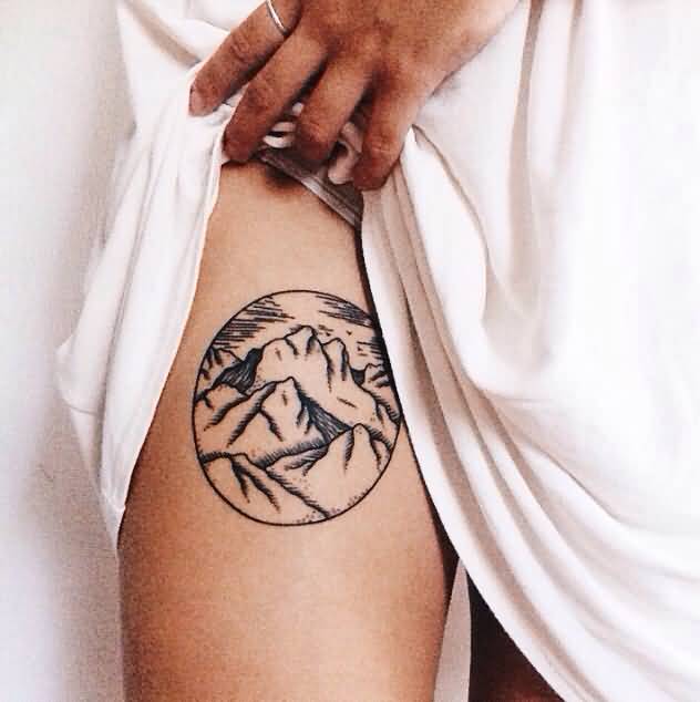 Mountains In Circle Tattoo On Thigh