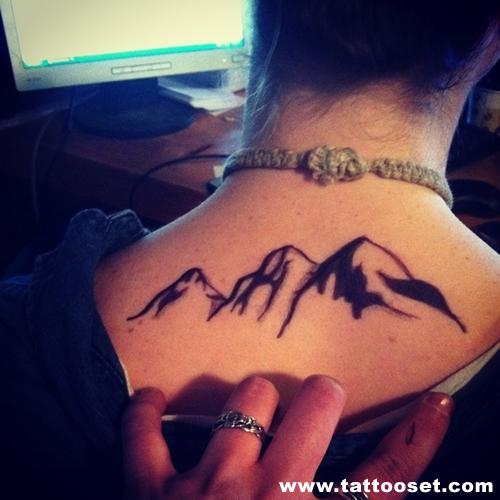 Mountains Tattoo On Upper Back For Women