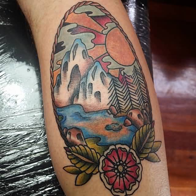 Mountains View In Nice Design Traditional Tattoo On Arm Sleeve