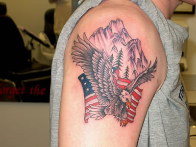 Mountains With America Flag And Eagle Tattoo On Right Half Sleeve