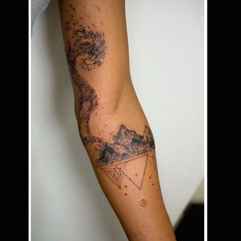 Mountains With Geometric Design Tattoo On Sleeve