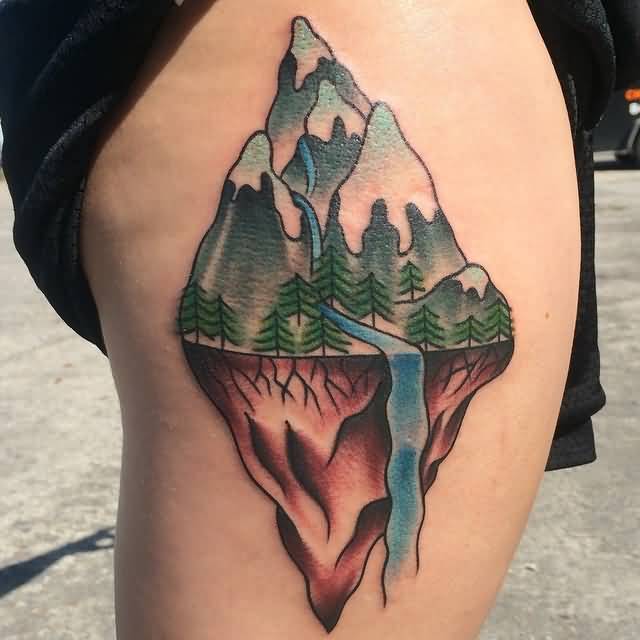 Mountains With Pine Trees With Reflection Tattoo On Side Rib