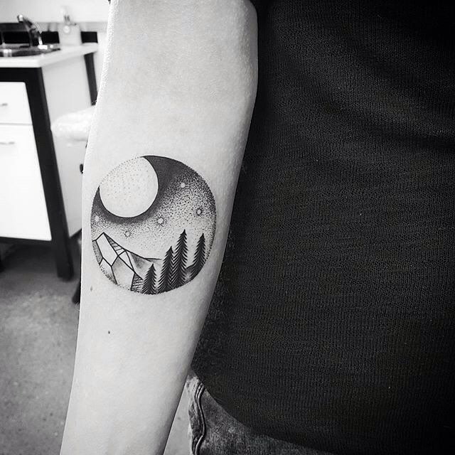 Mountains With Sun In Circle Dotwork Tattoo On Forearm