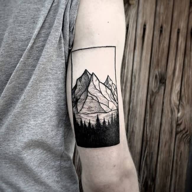 Mountains With Trees Geometric Tattoo On Triceps