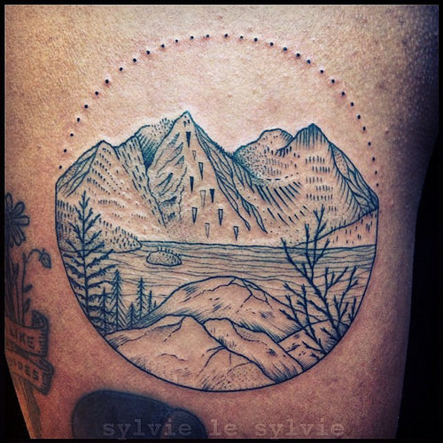 Mountains With Trees In Circle Tattoo By Sylvie LS