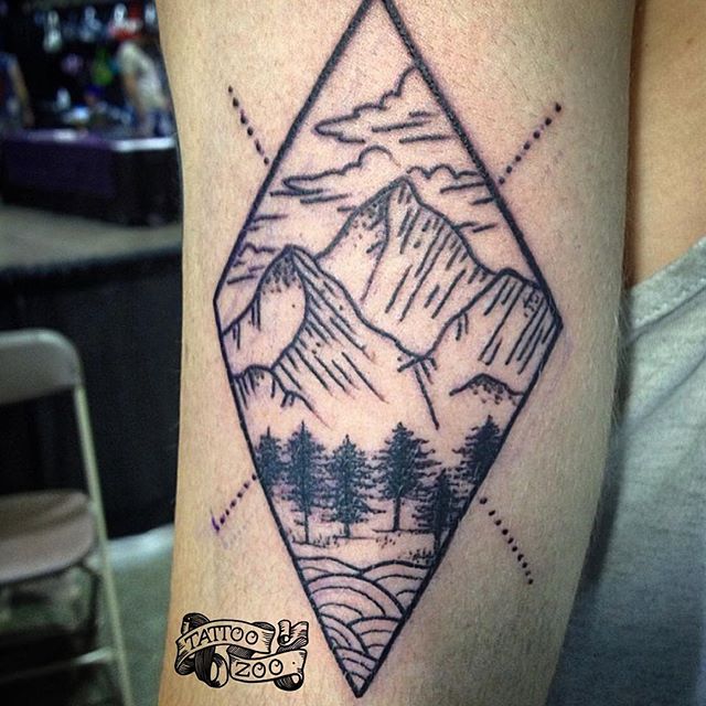 Mountains With Trees In Diamond Shape Tattoo On Half Sleeve