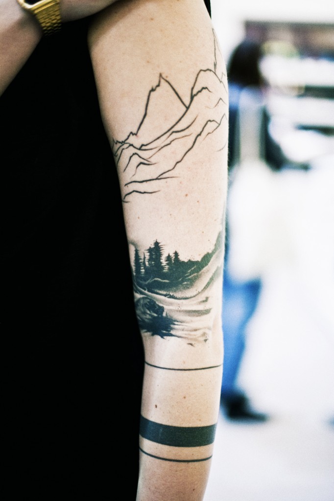 Mountains outline With Trees Tattoo On Half Sleeve