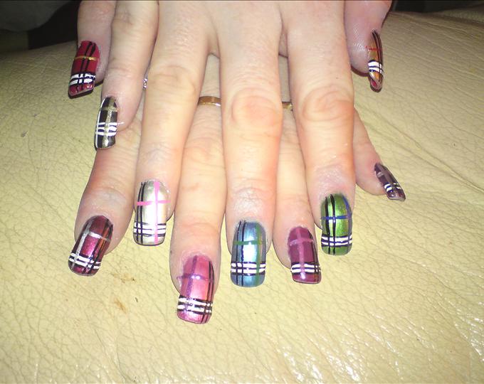 Multicolored Nails With Burberry Nail Art Design