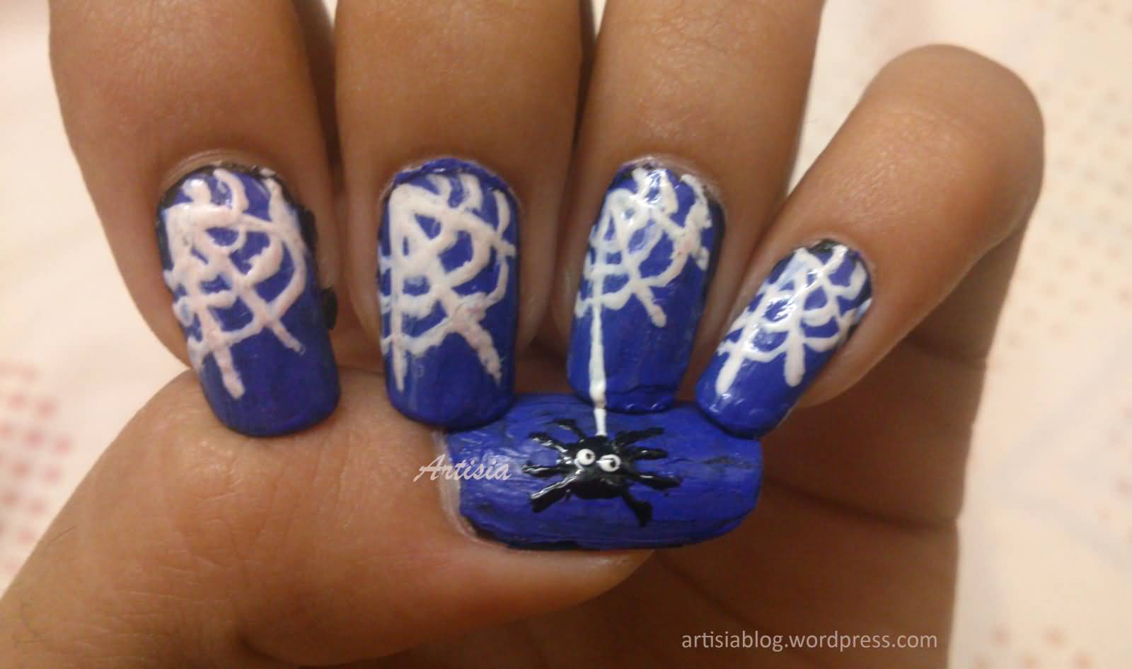 Navy Blue Nails With Acrylic Spider Web Halloween Nail Art