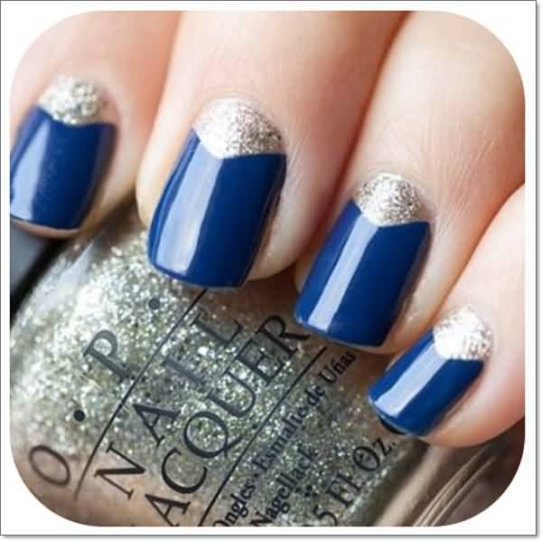 Navy Blue Nails With Silver Glitter Reverse French Tip Nail Art
