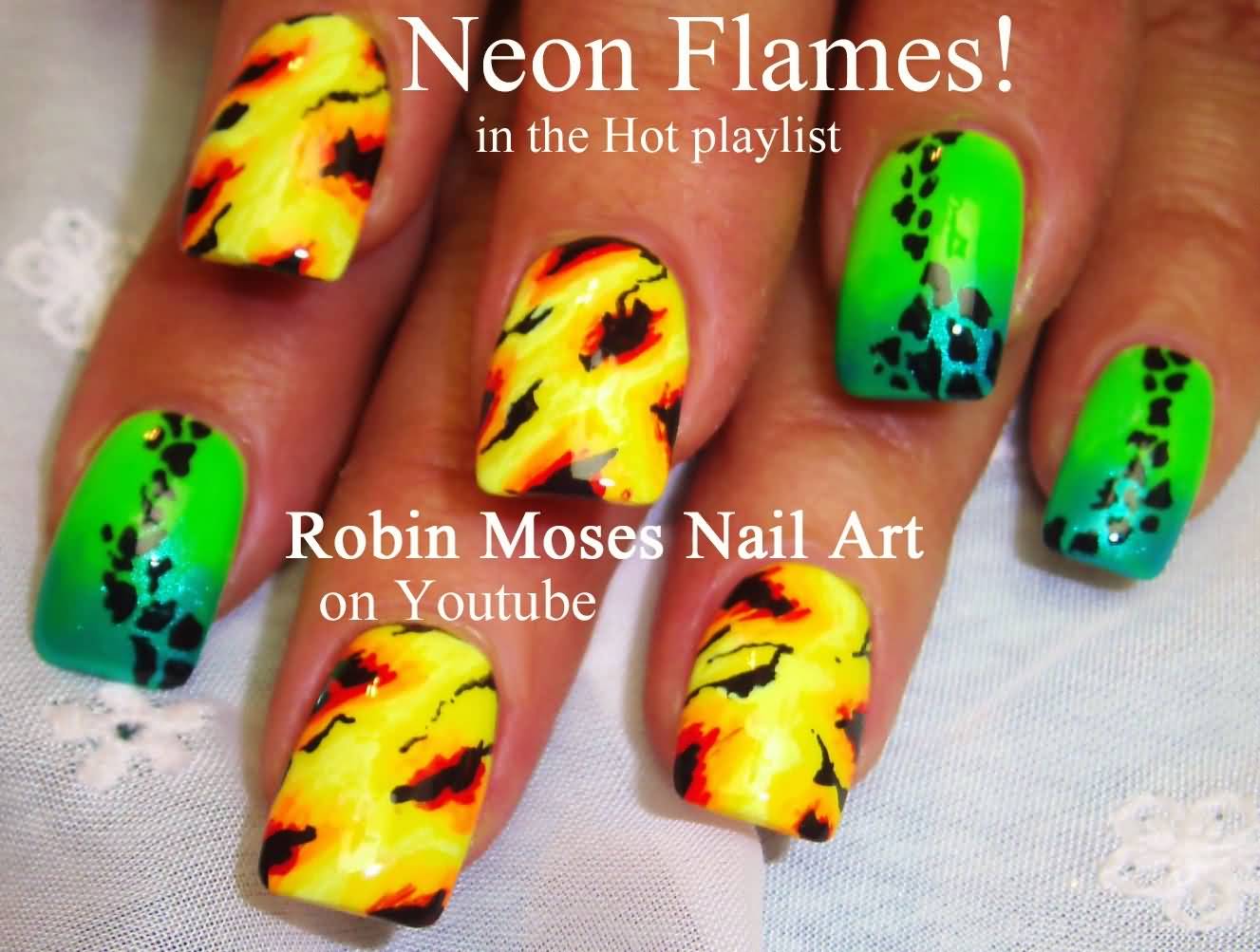 Neon Flames Nail Art Design