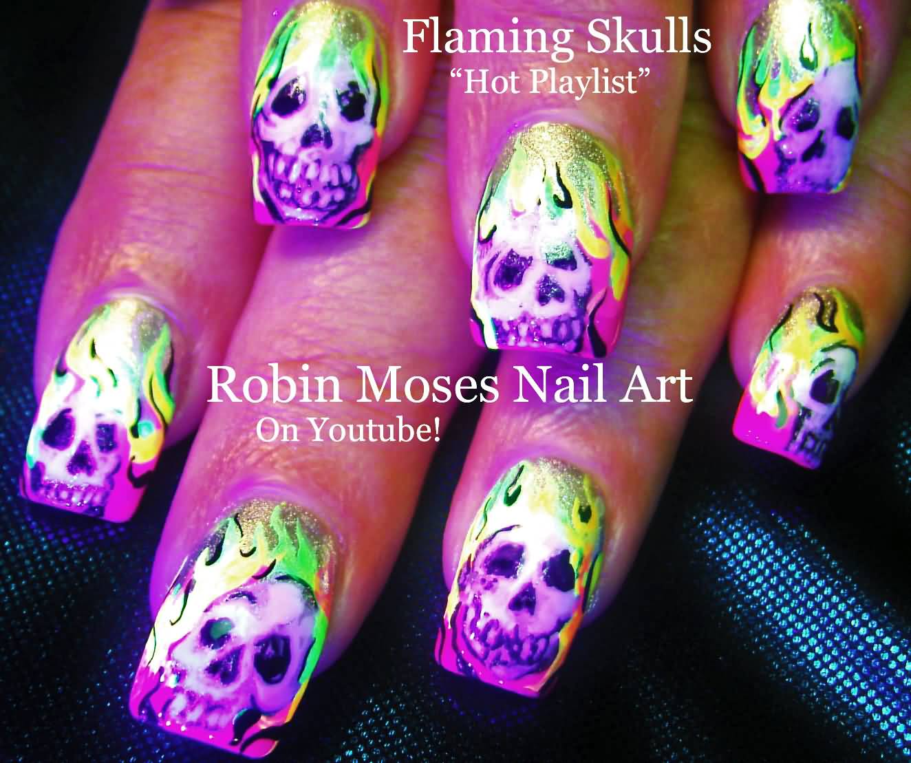 Neon Flaming Skulls Nail Art
