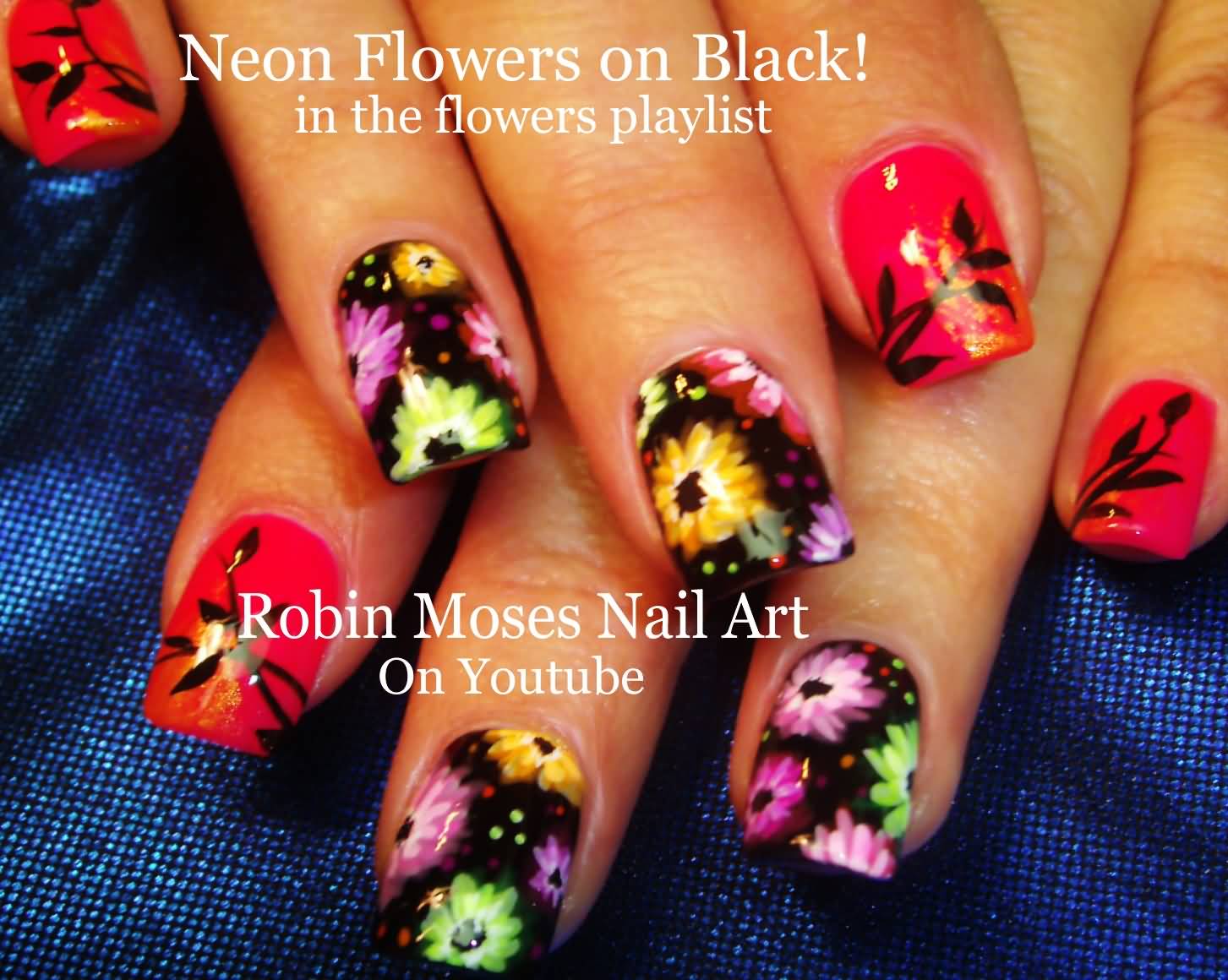 Neon Flowers On Black Nails Design
