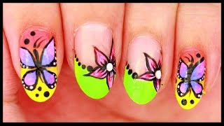 Neon French Tip Nails With Butterflies And Flowers Nail Art