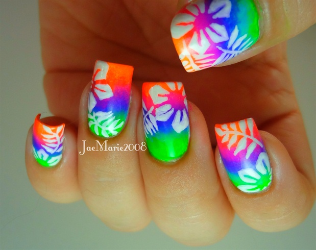 Neon Hawaiian Tropical Print Nail Art
