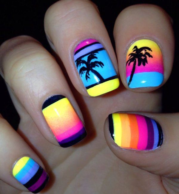 Neon Nails With Palm Tree nail Art