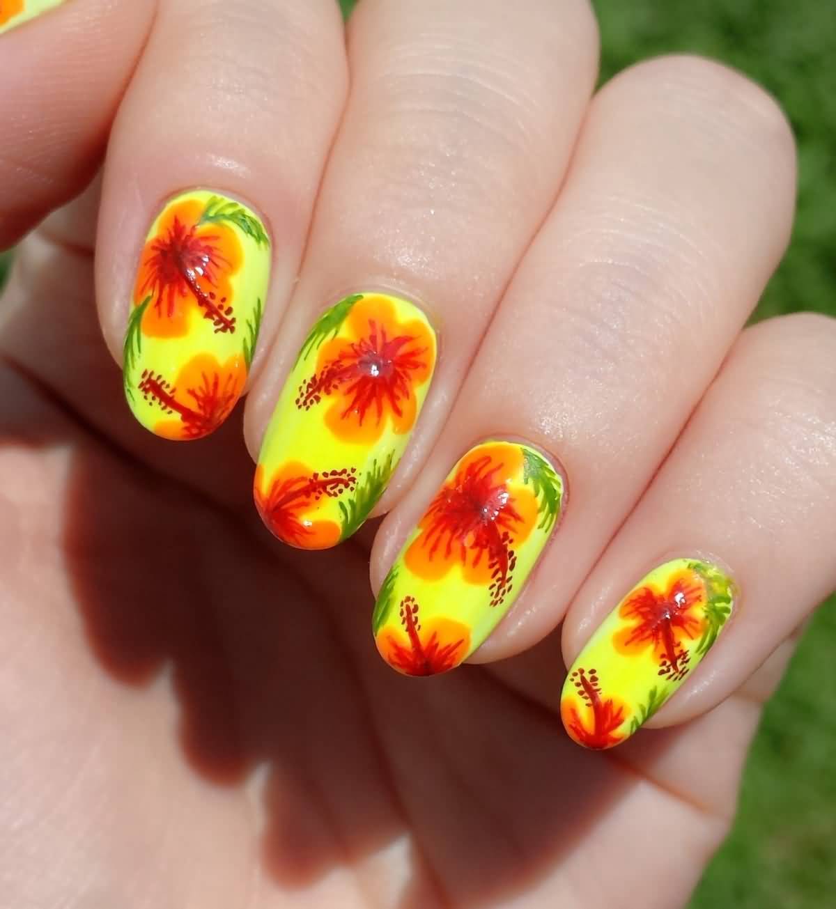 Neon Nails With Spring Flowers Nail Art Design