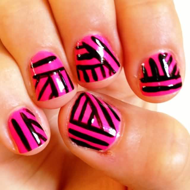 Neon Pink And Black Stripes Design Nail Art
