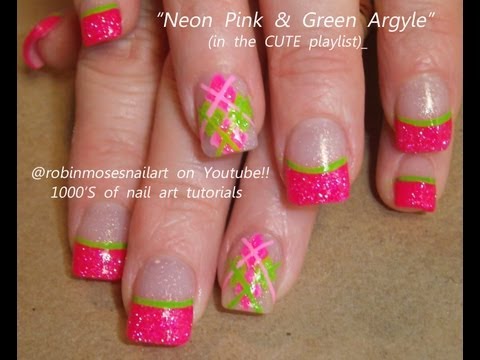 Neon Pink And Green Nail Art Design Idea