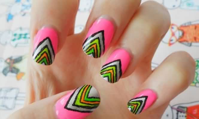 Neon Pink Nails With Chevron Design Nail Art