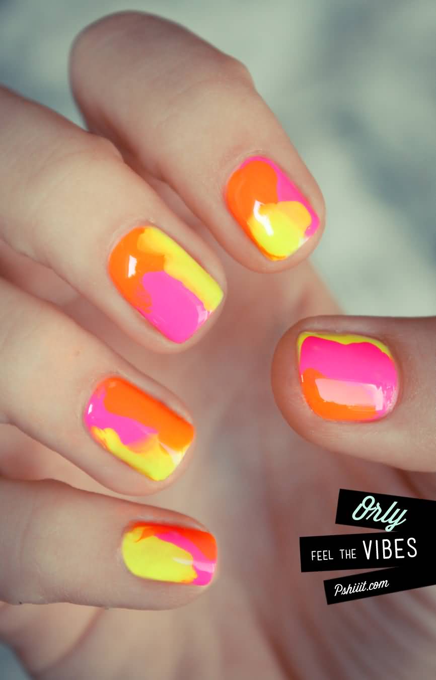 Neon Pink Orange And Yellow Nail Art Design