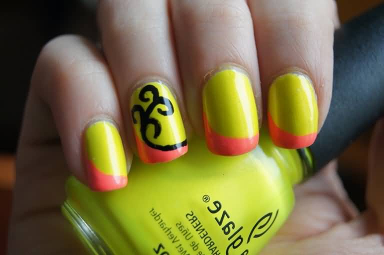Neon Yellow And Orange French Tip Nail Art