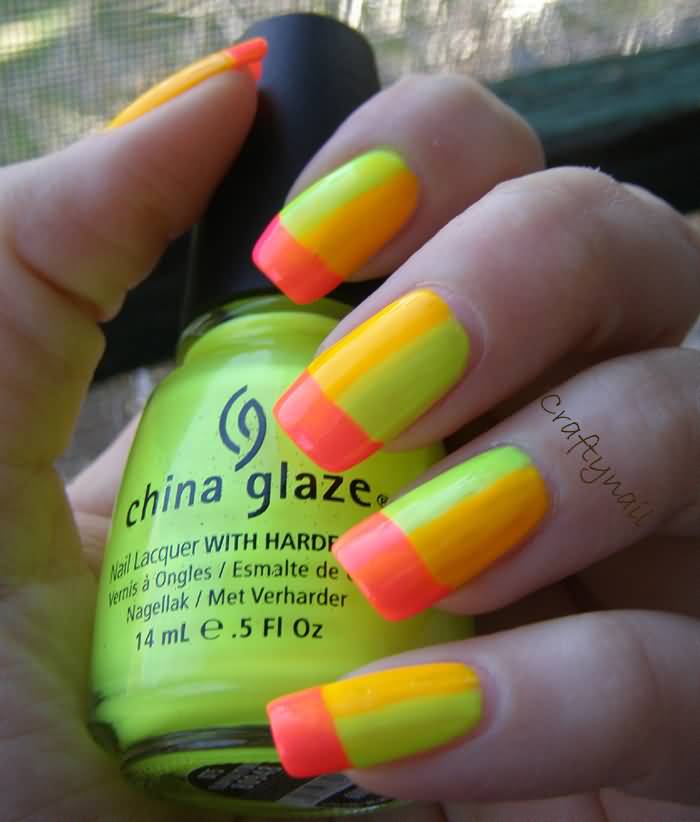 Neon Yellow And Orange Nail Art Design