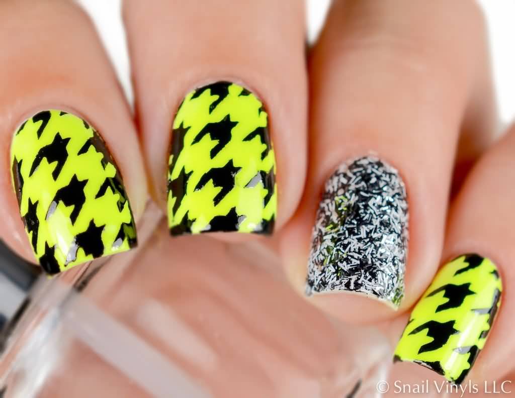 Neon Yellow Base Nails With Black Houndstooth Nail Art