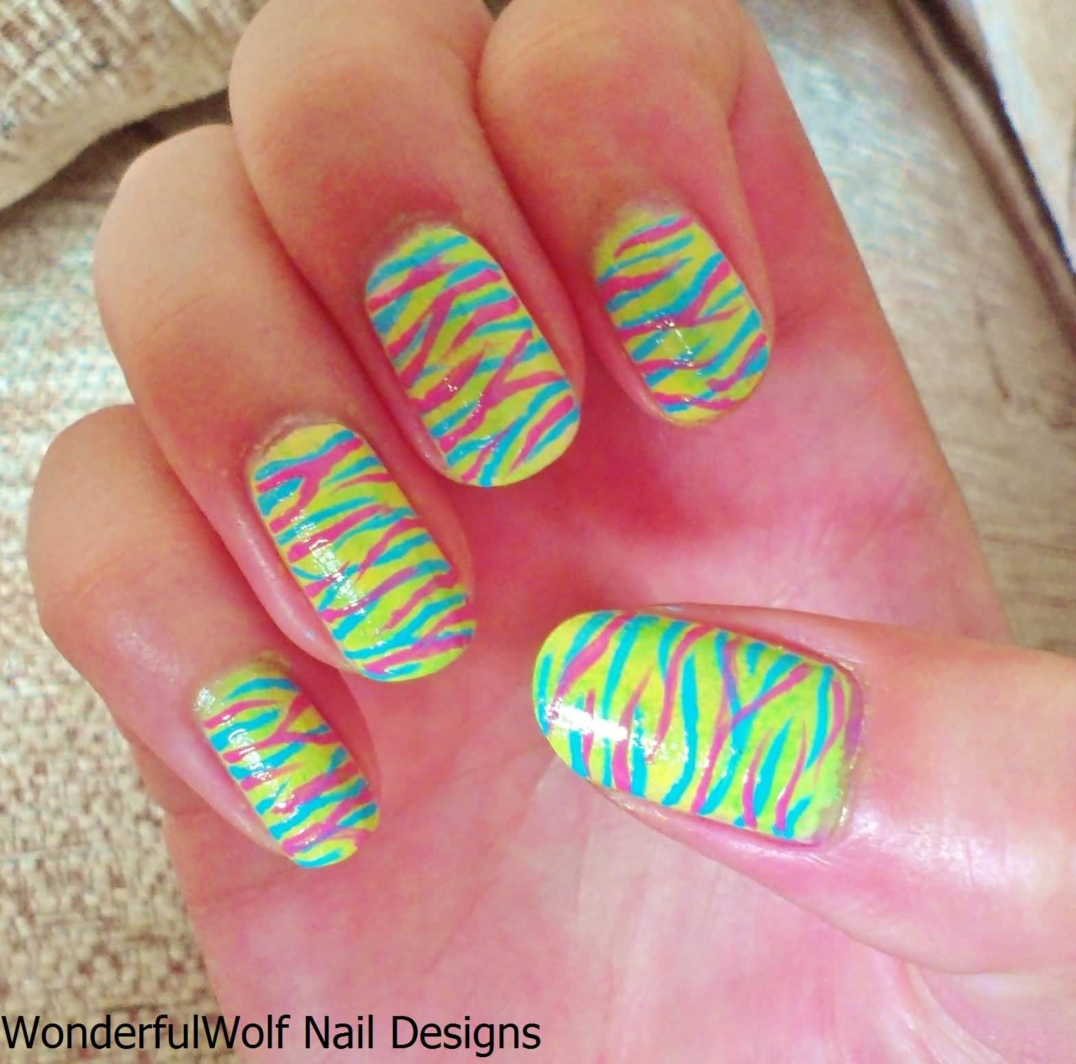 Neon Zebra Print Nail Art Design