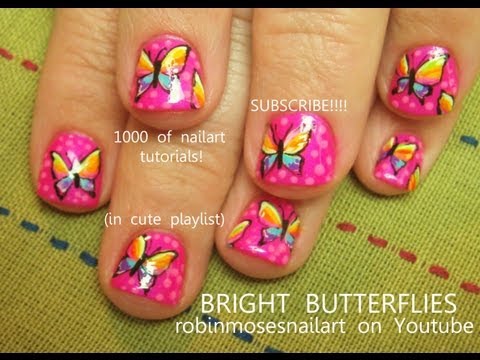 Neon pink Nails With White Butterflies Nail Art