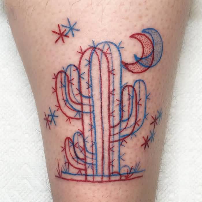 Nice 3D Cactus With Half Moon Tattoo